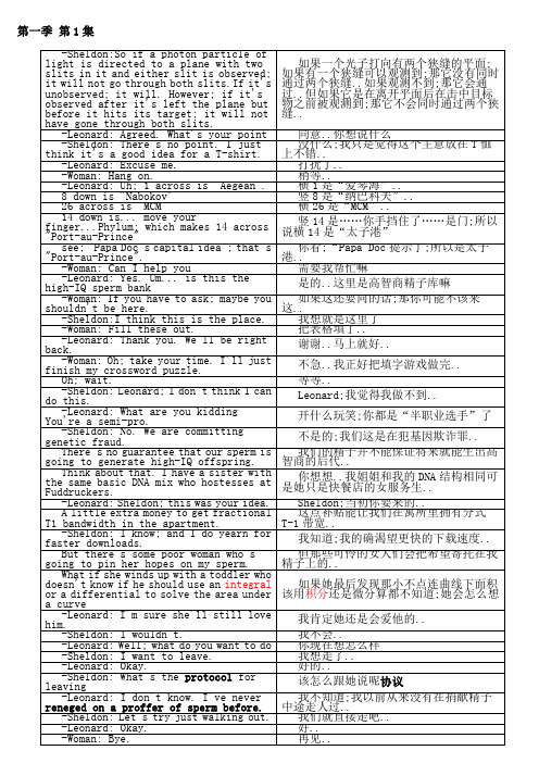 生活大爆炸第一季集剧本中英文台词