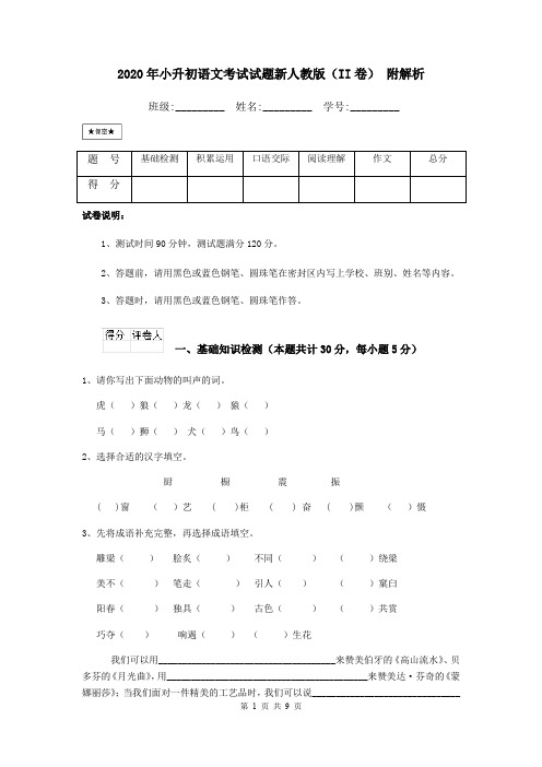 2020年小升初语文考试试题新人教版(II卷) 附解析