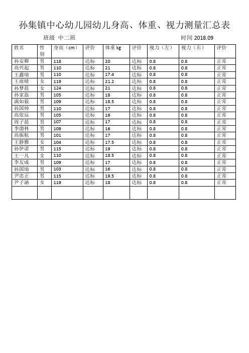 孙集镇中心幼儿园幼儿身高、体重、视力测量汇总表