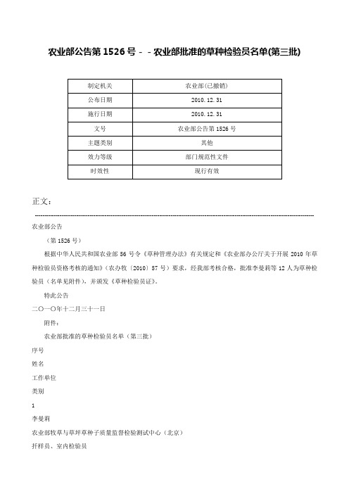 农业部公告第1526号－－农业部批准的草种检验员名单(第三批)-农业部公告第1526号