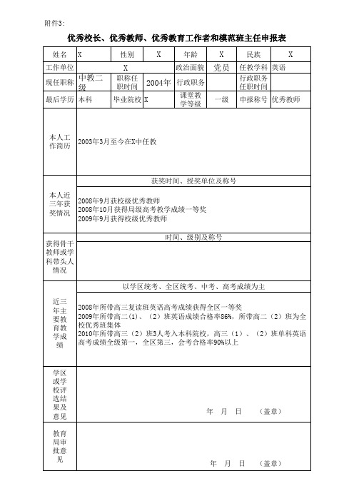 优秀校长、优秀教师、优秀教育工作者和模范班主任申报表