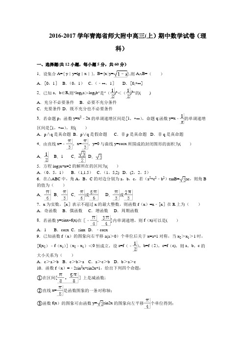 青海省师大附中2017届高三上学期期中考试数学理试卷 含解析