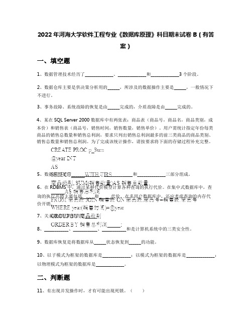 2022年河海大学软件工程专业《数据库原理》科目期末试卷B(有答案)