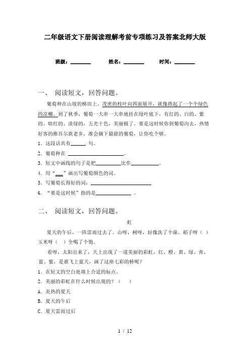 二年级语文下册阅读理解考前专项练习及答案北师大版