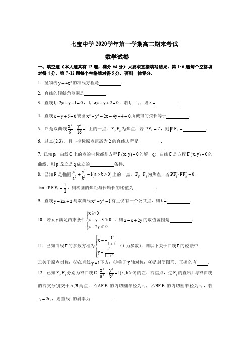 七宝中学2020学年第一学期高二期末考试详解版