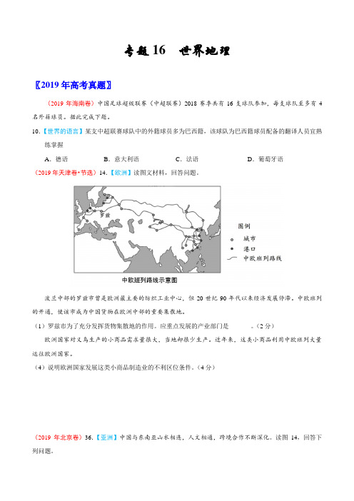 专题16 世界地理-三年(2017-2019)高考真题地理分项汇编(原卷版)