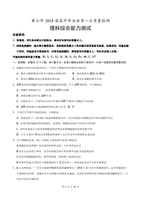 安徽省黄山市2019届高三第一次质量检测(一模)理科综合试题+Word版含答案