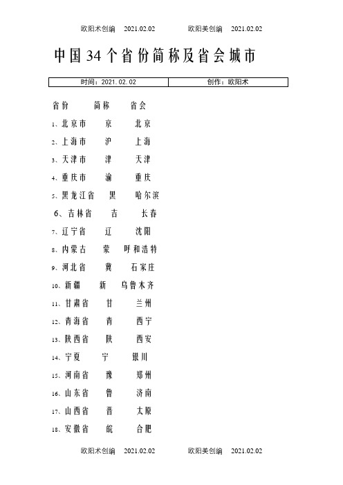 中国34个省份简称及省会城市之欧阳术创编