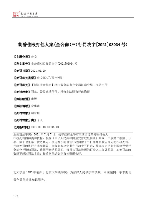 胡普佳殴打他人案(金公南(三)行罚决字[2021]03034号)