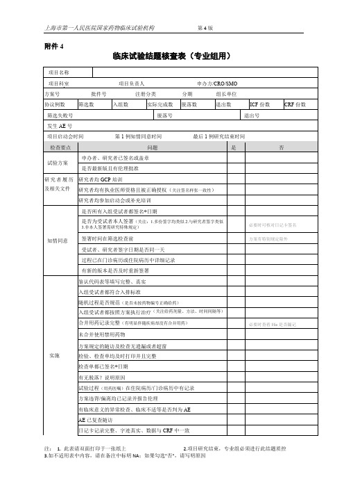 临床试验结题核查表(专业组用)