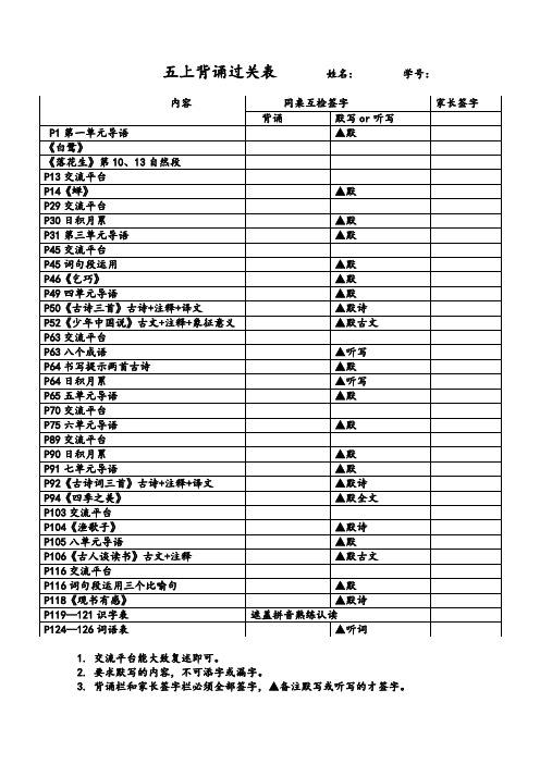 部编版语文五上背诵表