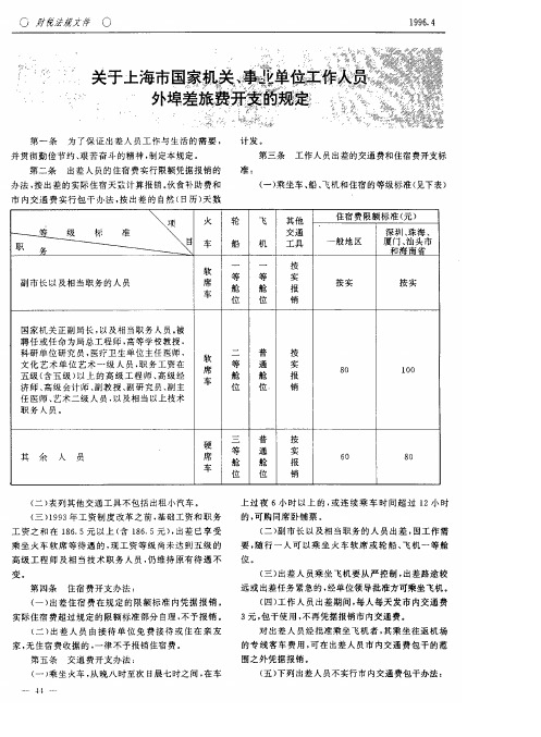 关于上海市国家机关、事业单位工作人员外埠差旅费开支的规定