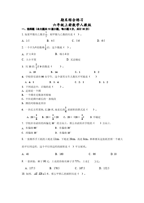 期末综合练习 试题(无答案)2024-2025学年六年级上册数学人教版