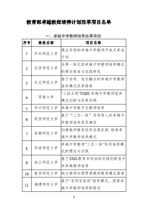 教育部卓越教师培养计划改革项目名单