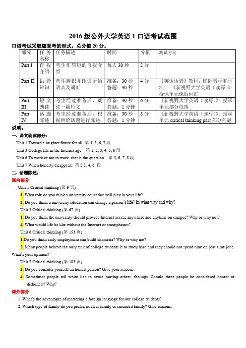 2016级大学英语1期末口试题型