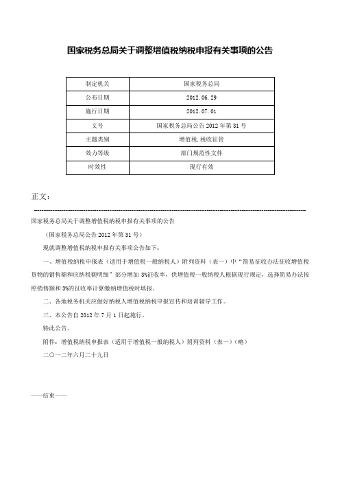 国家税务总局关于调整增值税纳税申报有关事项的公告-国家税务总局公告2012年第31号