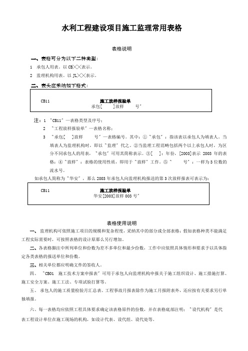 水利工程建设项目施工监理常用表格