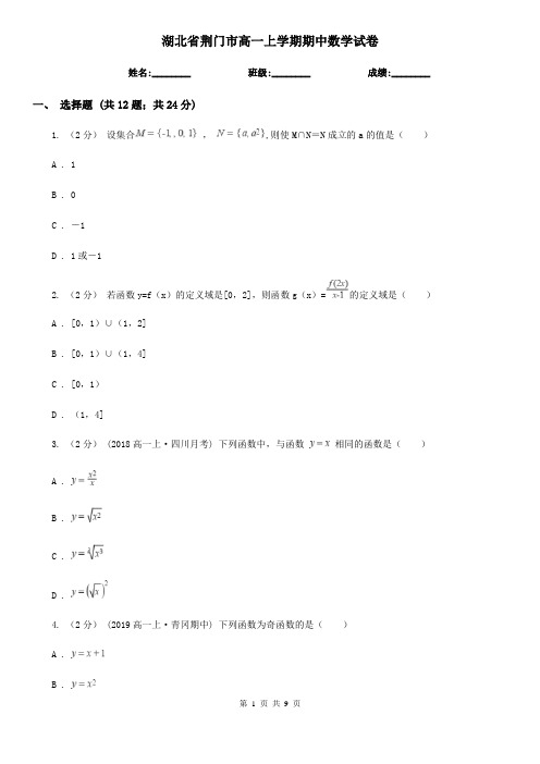 湖北省荆门市高一上学期期中数学试卷