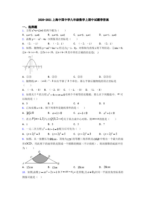 2020-2021上海中国中学九年级数学上期中试题带答案