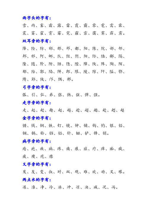 雨字头、双耳旁、弓字旁、金字旁、病字旁、又字旁、两点水的字