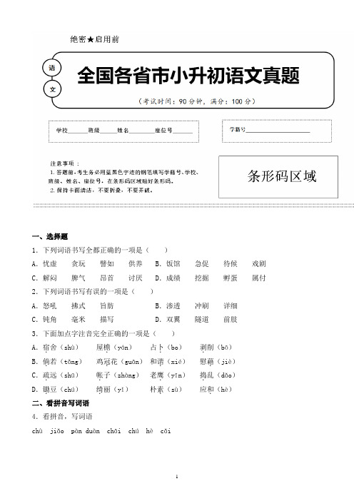 【小升初】2020年陕西省榆林市小升初语文毕业会考试题含答案(全网唯一)