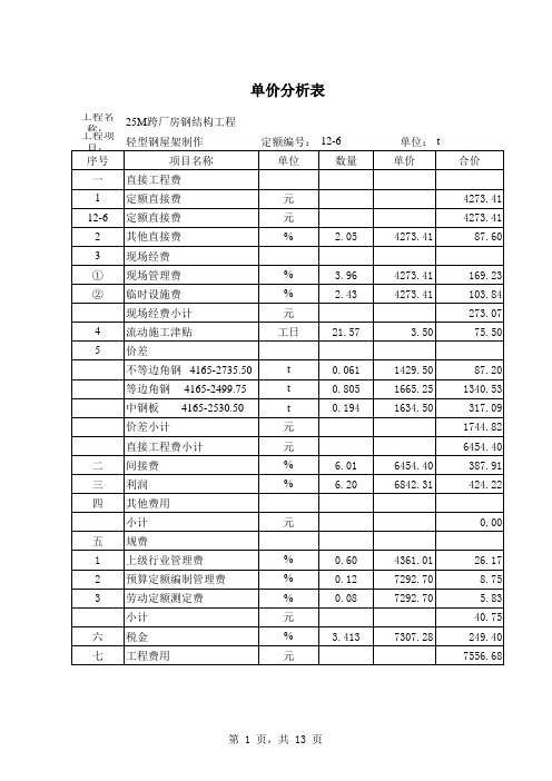 25m跨厂房钢结构工程单价分析表