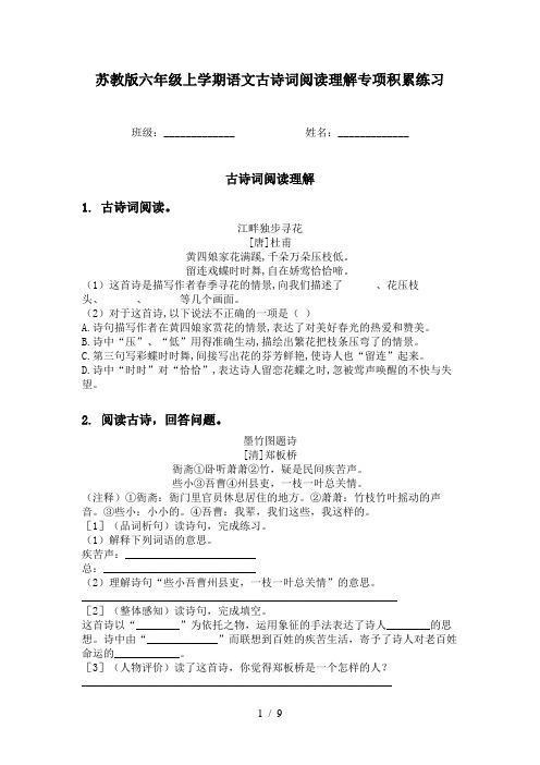 苏教版六年级上学期语文古诗词阅读理解专项积累练习