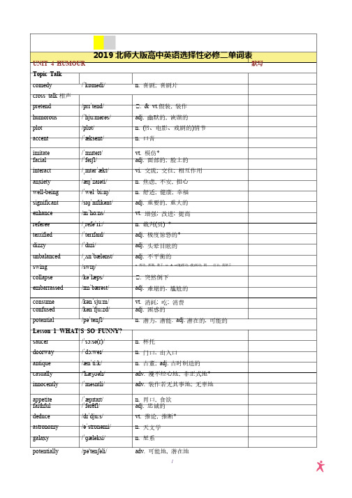 2019北师大版高中英语选择性必修二单词表