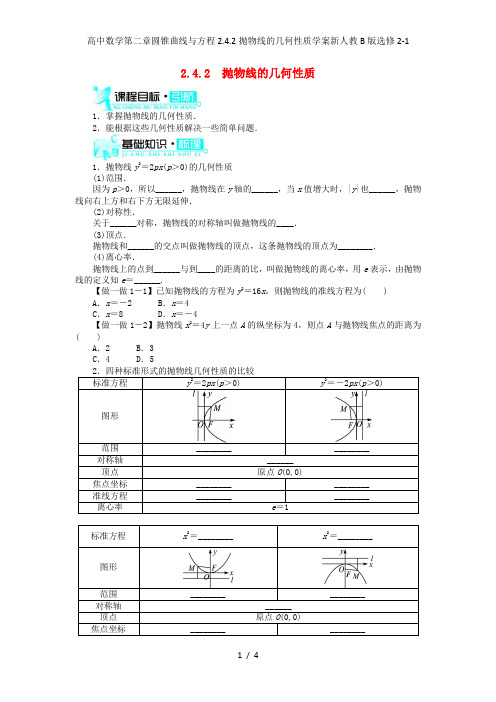 高中数学第二章圆锥曲线与方程2.4.2抛物线的几何性质学案新人教B版选修2-1