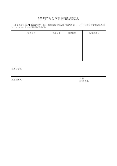 2018年7月病历质量问题处理意见表