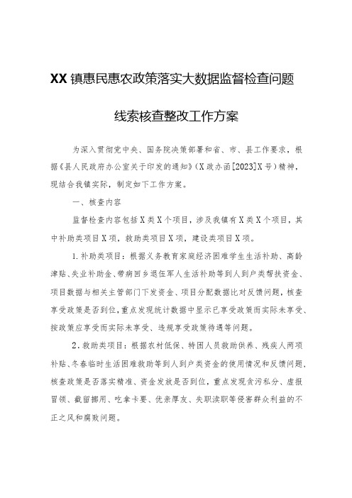 XX镇惠民惠农政策落实大数据监督检查问题线索核查整改工作方案