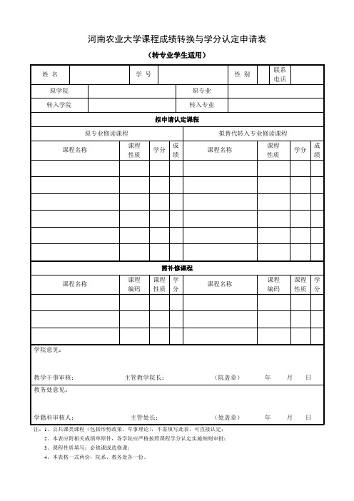 河南农业大学课程成绩转换与学分认定申请表