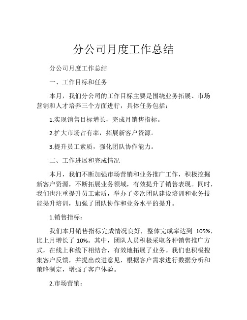 分公司月度工作总结