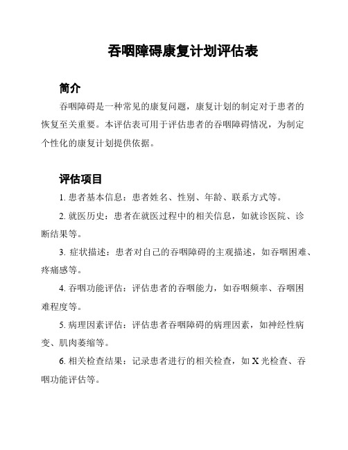 吞咽障碍康复计划评估表