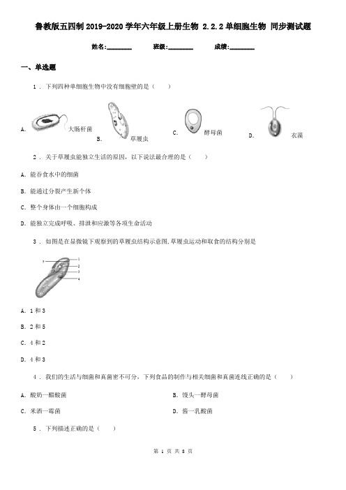 鲁教版五四制2019-2020学年六年级上册生物 2.2.2单细胞生物 同步测试题