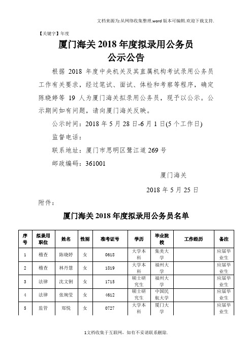 【年度】厦门海关2018拟录用公务员