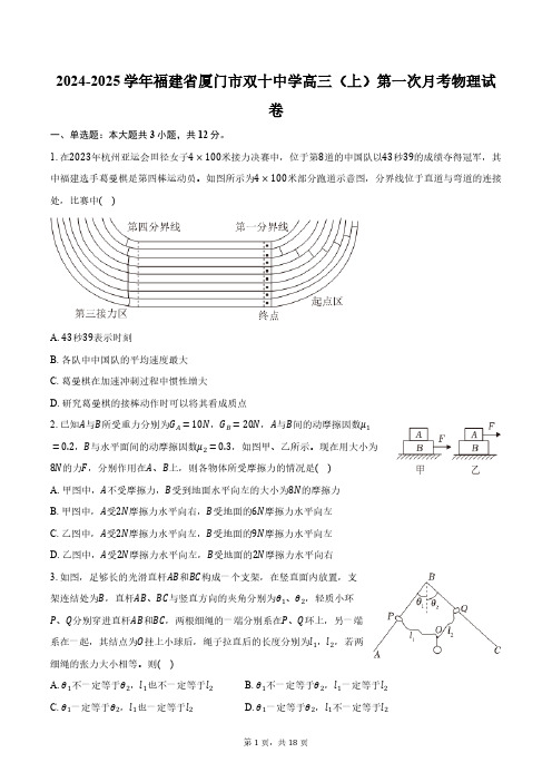 2024-2025学年福建省厦门市双十中学高三(上)第一次月考物理试卷(含解析)