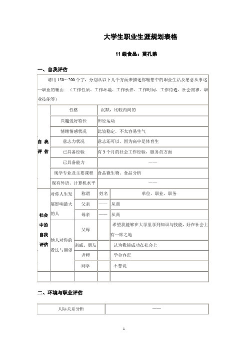 大学生职业生涯规划表格