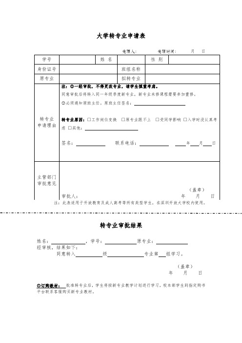 开放大学转专业申请表+转专业审批结果表