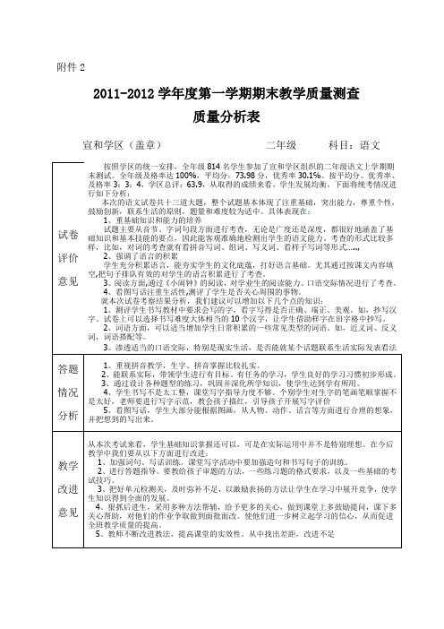 二年级语文质量分析表