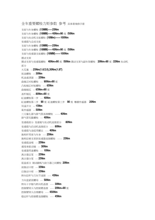 全车重要螺栓力矩参数参考具体看维修手册