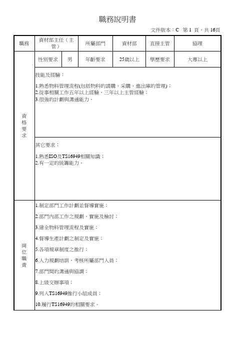 资材部部门组织图及职务说明书