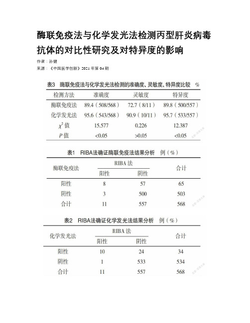 酶联免疫法与化学发光法检测丙型肝炎病毒抗体的对比性研究及对特异度的影响  