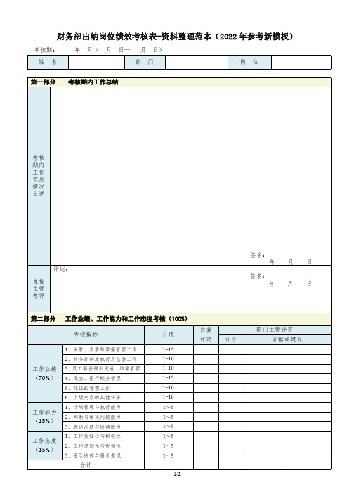 财务部出纳岗位绩效考核表-资料整理范本(2022年参考新模板)