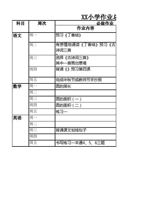 小学作业总量公示及调控表(第二周)