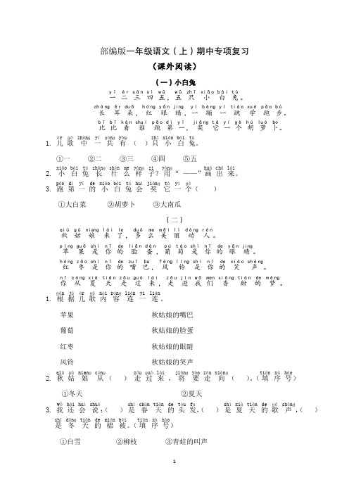 部编版一年级语文(上)期中专项复习——阅读