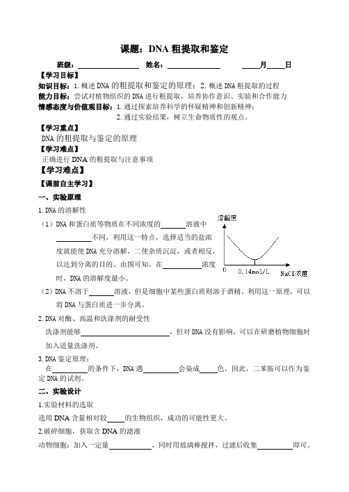 人教版生物选修一专题五课题1 DNA的粗提取与鉴教案