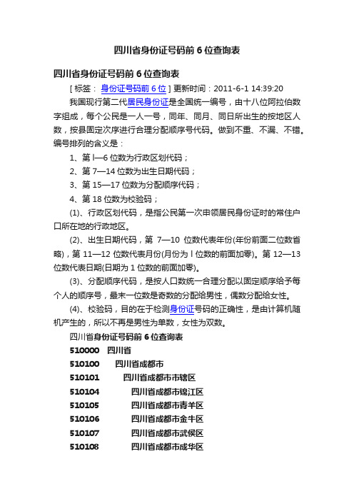 四川省身份证号码前6位查询表