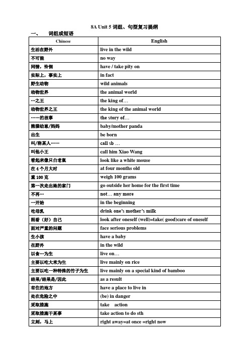 江苏省南京师范大学第二附属初级中学英语(牛津译林版)八年级上册：Unit5 词组、句型复习提纲