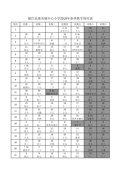 镇巴县观音镇中心小学2019春教学周历表